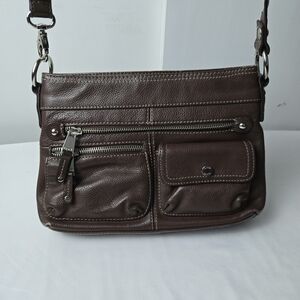 Tignanello Womens Leather  Organizer Brown Crossbody Bag, Outside Zipper Pockets